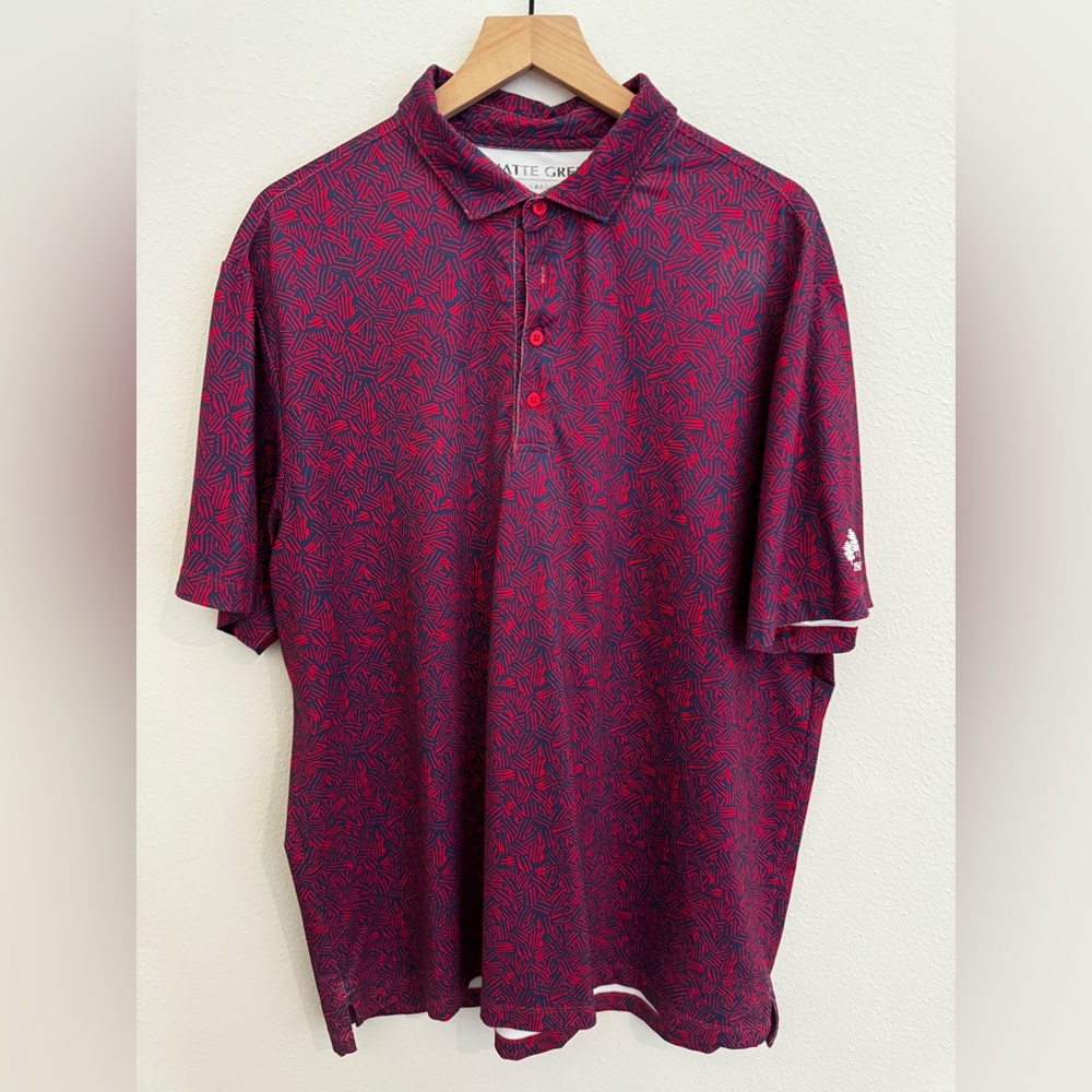 Men’s XL golf polo. Matte Grey brand, blue and red print